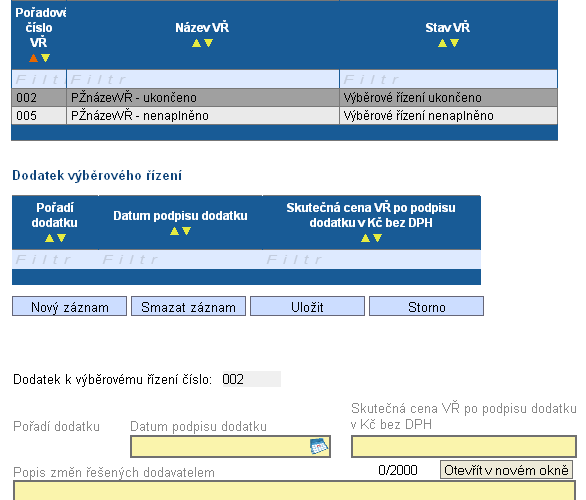 Obrázek 87: Záloţka Detaily VŘ Zadání údajů o dodatku ke smlouvě - Dodatek k výběrovému řízení číslo Číslo VŘ, ke kterému je dodatek zakládám.