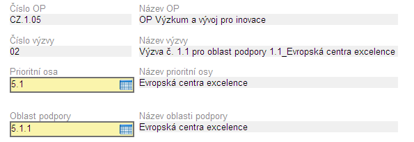 Další části slouţí k vyplnění základních identifikačních údajů: Obrázek 35: Záloţka Projekt Část I - Číslo OP (předvyplněno) - Číslo operačního programu (CZ 1.