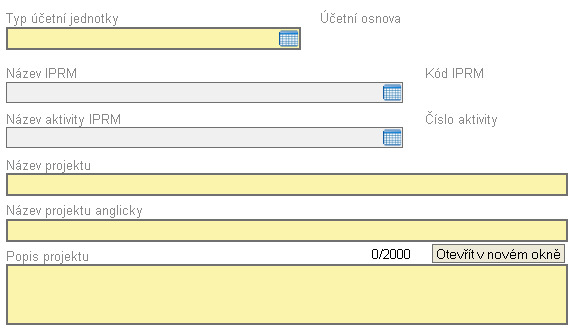 Pole Prioritní osa a Oblast podpory je nutné vyplnit jako první. Na vyplnění těchto polí je navázáno zobrazení obsahu dalších polí s předdefinovanou nabídkou.