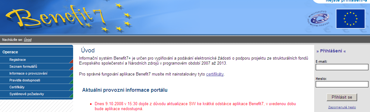 1.1. Úvodní stránka aplikace Benefit7 Při zadání výše uvedených adres se uţivateli zobrazí úvodní stránka aplikace, která obsahuje tři základní části.