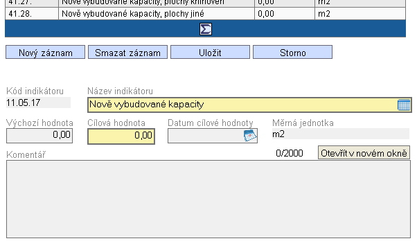 Obrázek 62: Záloţka Monitorovací indikátory - Kód indikátoru (předvyplněno) Kód slouţí k jedinečné identifikaci indikátoru. - Název indikátoru (předvyplněno) Nezkrácený název indikátoru.