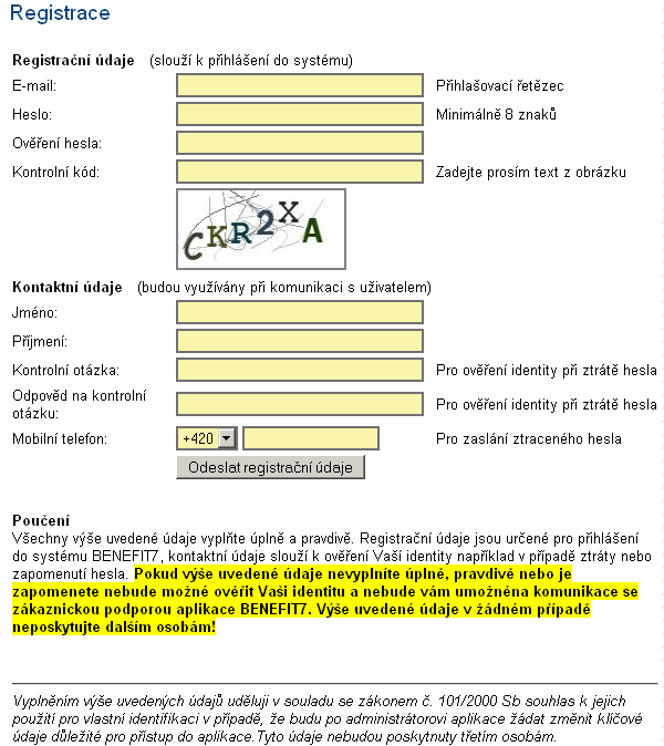 1.2. Registrace Na této záloţce levého menu úvodní stránky je moţné provést registraci uţivatele. Bez registrace není moţné podat PŢ a dále vytvářet MZ a ŢOP.