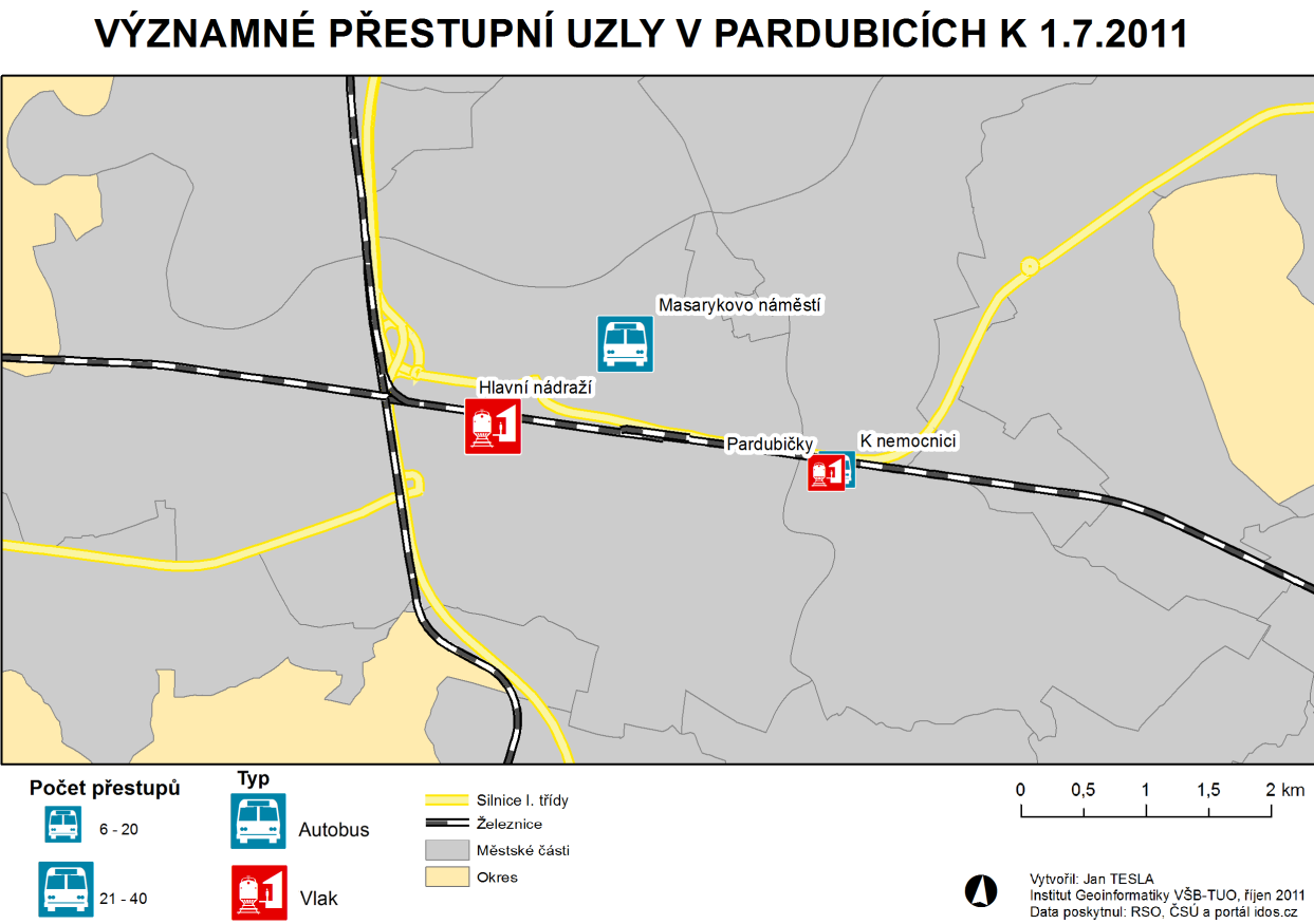 Pardubice leží přímo na hlavním koridoru ČR a to ovlivňuje charakter způsobu dopravy do Pardubic. Dva významné přestupní uzly jsou železniční zastávky a spolu tvoří 30% četnosti využití.