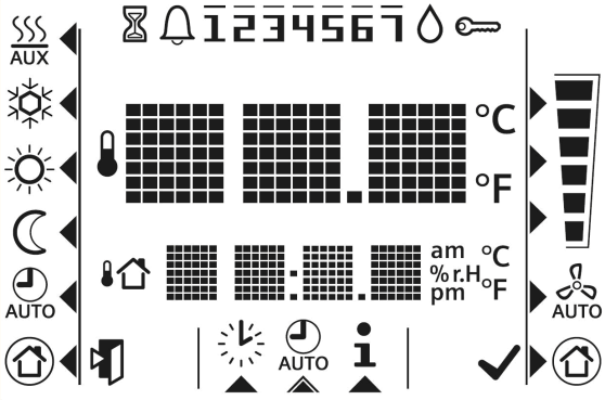 3191Z10 Displej 24 23 22 21 20 19 18 17 1 2 3 4 5 6 8 16 15 14 8 9 10 11 12 13 # Symbol Popis # Symbol Popis 1 Režim vytápění 15 Ruční volba rychlosti ventilátoru 2 Režim vytápění, elektrický ohřev