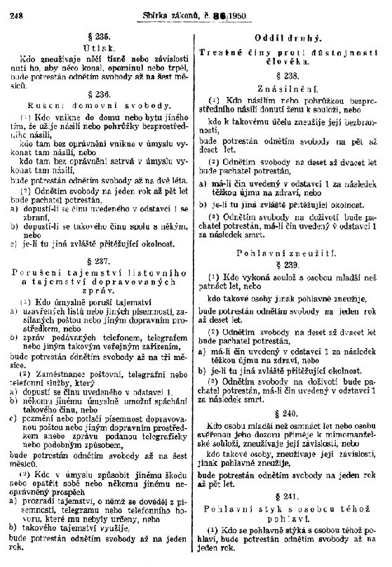 Příloha č. 2 Trestní zákon č. 86/1950 Sb., 238 Znásilnění. Zdroj: Předpis č. 86/1950 Sb. Poslanecká sněmovna Parlamentu České republiky.