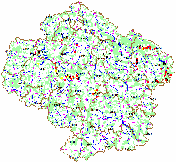 Mapa 2: Hnízdění Skorce vodního (Cinclus cinclus) na sledovaných lokalitách v kraji Vysočina v roce 2010 (červené body = úspěšná hnízdění, žluté body = rozestavěná či opuštěná hnízda, černé