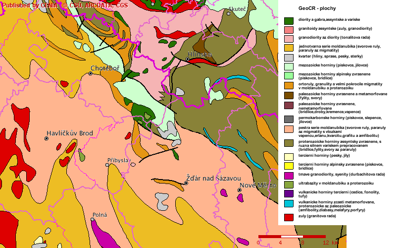 Obr. 2 Geologická mapa Žďárských vrchů a části Železných hor v měřítku 1:337500 Žďárské vrchy jsou hydrologicky významnou oblastí.