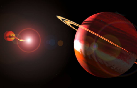 obr.14 Planetární systém u dvojhvězdy UZ For(ab) v představách malíře. Zdroj: Physorg.com UZ For(ab) je jedním z typických polarů dvojhvězdy, u které byste dovolenou rozhodně trávit nechtěli.