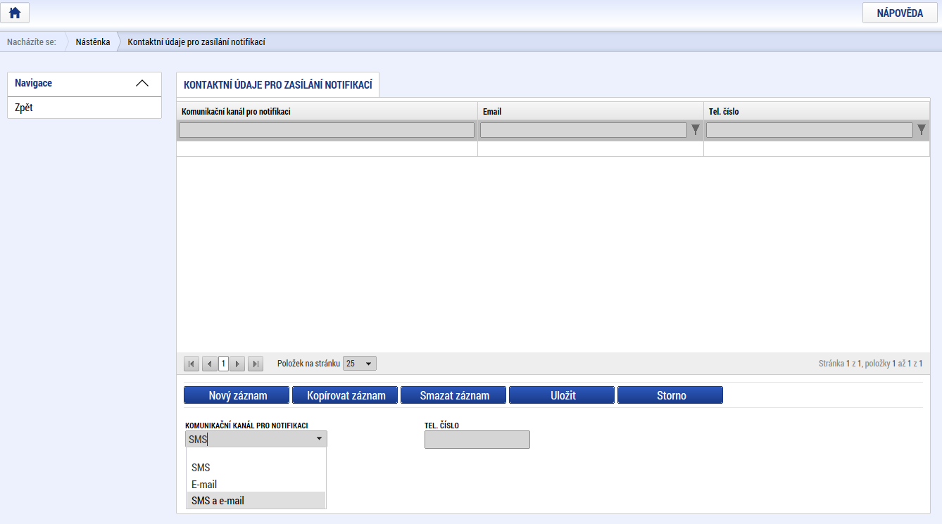 Snímek obrazovky s vyznačením polí pro nastavení doručování notifikací uživateli volba komunikačního kanálu Snímek
