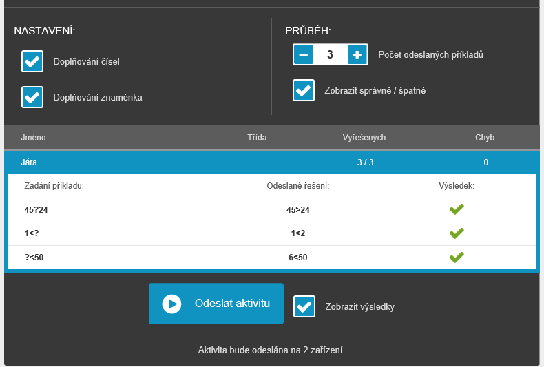 Sami můžete výsledky procvičování žáků průběžně sledovat také, pokud při nastavování individuální výukové aktivity zaškrtnete volbu Zobrazit výsledky.
