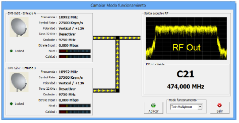 Základní pracovní nastavení Nastavení,,Twin Multiplexer,, 8. Chcete-li nastavit hodnoty výstupního signálu, stiskněte tlačítko "TuneOUT". 9. Vyberte UHF pásmo (K21-K69), nebo BandIII (K5-K12) Kanál.