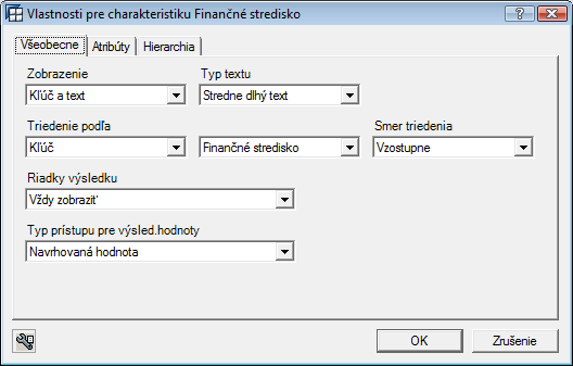 Vlastnosti... Vyvolaním kontextového menu je možné nastaviť vlastnosti pre zobrazenie objektov query (charakteristík alebo ukazovateľov v závislosti na akom mieste oblasti výsledkov ich vyvoláme).