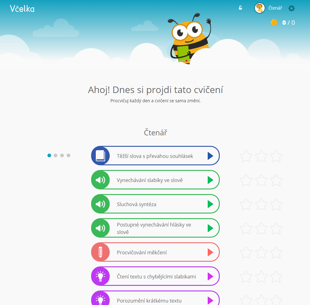 Obrázek 5: Ukázkový seznam cvičení pro čtenáře Na základě diagnostiky jsou přizpůsobeny i obtížnosti těchto cvičení.