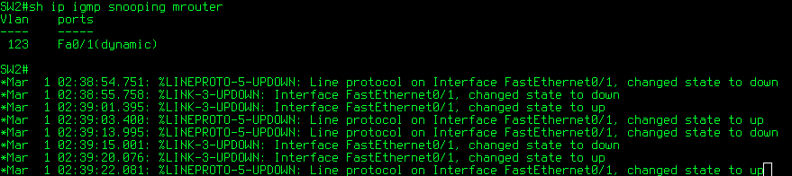 Použity byly směrovače Cisco Catalyst 2960 a směrovač Cisco řady 2800. Operační systém byl IOS verze 15.0(2)SE4. Pro testování odesílání a příjmu multicastového provozu byl použit VLC přehrávač. 2.2. Konfigurace Všechny prvky a rozhraní byla nastavena do jedné VLAN (123) a mezi přepínači byly nastaveny trunk propoje.