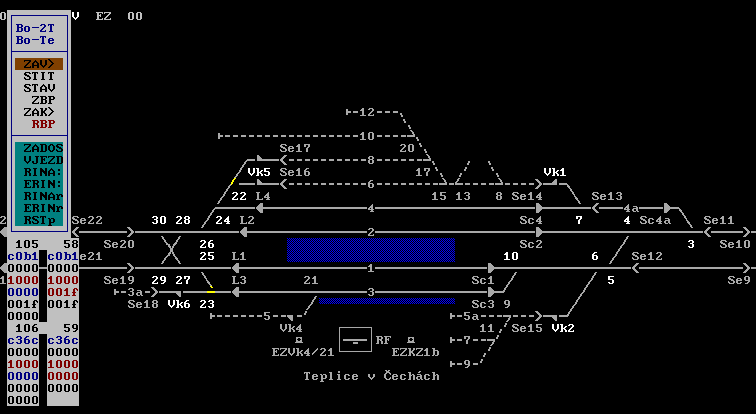 3) Kolejový úsek Obrázek č. 15 CV... zavedení / změna čísla vlaku pro nějž je stavěna cesta + současná volba KC STIT... zavedení / zrušení varovného štítku VB... variantní bod KC... konec cesty NUZ.