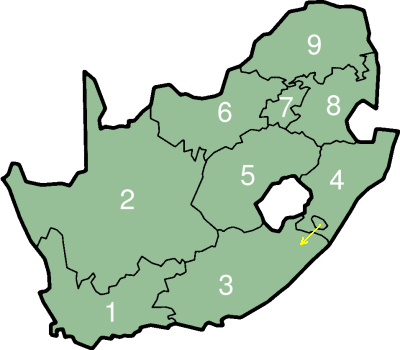 1.Western Cape(Kapské město) 2.Northern Cape(Kimberley) 3.Eastern Cape(Bisho) 4.KwaZulu-Natal(Pietermaritzburg) 5.