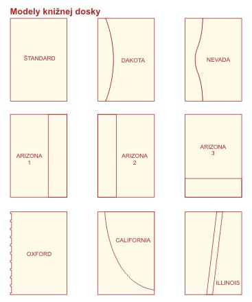 Modely knižnej dosky, ktoré sú k dispozícii pri diároch na mieru Tieto výsekové modely knižnej dosky sú štandardným riešením prednej strany ( obalu) diára.