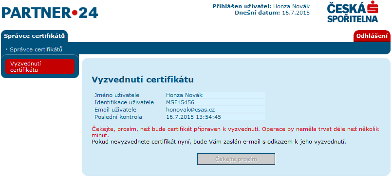 4.3. Žádost o vytvoření certifikátu Heslo k certifikátu budete potřebovat vždy, když budete chtít certifikát použít (typicky při přihlášení do aplikace), zvolte si jej na základě osobní volby.