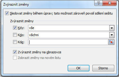 podkarta ZMĚNY SLEDOVÁNÍ ZMĚN II. Přijmout či zamítnout změny 1. ZMĚNY, SLEDOVÁNÍ ZMĚN, PŘIJMOUT ČI ZAMÍTNOUT ZMĚNY 2. V okně vybereme z možnosti KDY, KDO, KDE (označíme buňky) 3. OK 4.