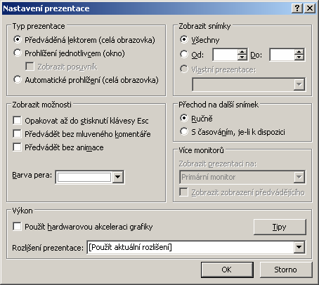 MS PowerPoint2003 Podívejme se postupně na jednotlivé sekce tohoto dialogového okna: typ prezentace: máte na výběr ze 3 možností prezentace předváděná lektorem celoobrazovkové zobrazení, lektor má k