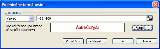 MS Excel 2003 Tabulka po nastaveném podmíněném formátu Kdykoliv se v označených buňkách změní hodnota, program vyhodnotí podmínku a případně upraví formát.