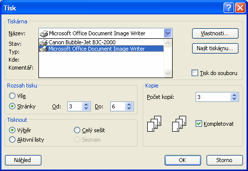 MS Office 2003 Výběr tiskárny Zadání tisku kopií Určení rozsahu tisku