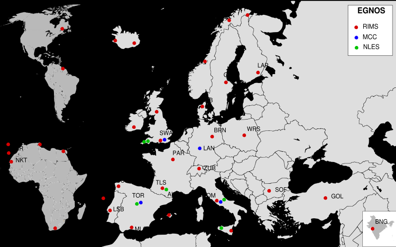 EGNOS pozemní segment 34 RIMS (Ranging and Integrity Monitoring Stations) přijímají signál z US GPS satelitů, 4 MCC (Mission Control