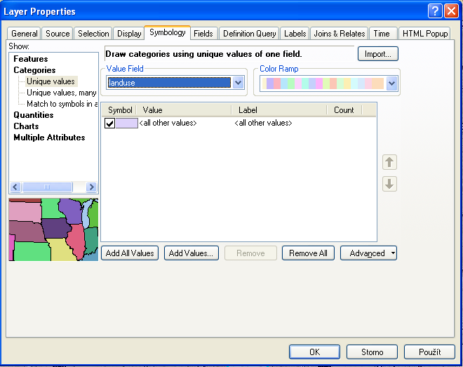 strana 13 Editace barev v menu Properties vrstvy plochy zvolíme záložku Symbology, Show: Categories Unique values, Value Field landuse, Add All Values