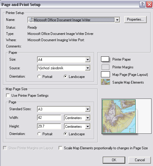 Tvorba výsledné mapy strana 20 výslednou mapu vytvoříme pomocí náhledu View Layout View, nebo pomocí ikony Layout v levém dolním rohu mapového okna pro tisk mapy je nutno změnit nastavení stránky z