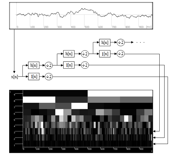(4.10) Obrázek 9: Principy DWT [10] Pro každou úroveň dekompozice p je výstupem filtru horní propust h d (k) takzvaná detailní komponenta vstupního signálu D p (n).