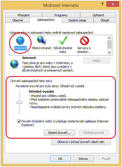 Poznámka: V zabezpečení prohlížeče se také nastavuje stahování a spouštění ovládacích prvků ActiveX. Doporučujeme tuto volbu vypnout, případně použít volbu Dotázat se.