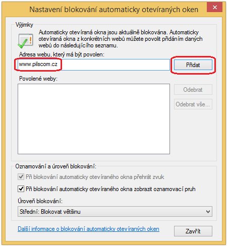 Poznámka: Pokud je z nějakého důvodu nežádoucí komplexní zákaz blokování automaticky otevíraných oken, je možné blokování povolit, ale nastavit výjimku v blokování pro server, kde je aplikace