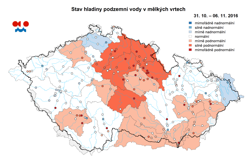 E. Podzemní vody Stav podzemních vod je hodnocen podle pravděpodobnosti překročení hladiny ve vrtu v příslušném týdnu.