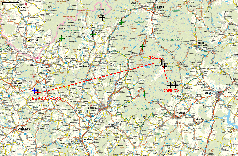 1.00 Mapka s umístěním radiostanic pevné radiostanice směrových spojů - + Praděd - Buková hora - f1 / f1 Praděd - Karlov, vrch Klobouk - f2 / f2