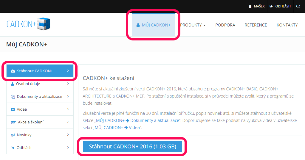 Stažení aktuální instalace CADKONu+ 2016 včetně Service Packu 1 z www.cadkon.eu.