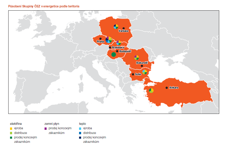 V České republice společnosti Skupiny ČEZ těží a prodávají uhlí, vyrábějí a distribuují elektřinu a teplo, obchodují s elektřinou a dalšími komoditami, prodávají koncovým zákazníkům elektřinu, teplo