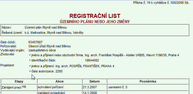 : Odkaz na registrační list vybrané dokumentace uživatel