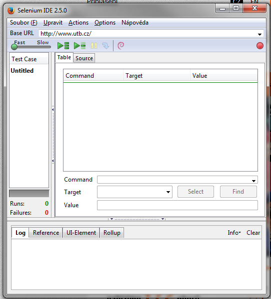 6.2.1 Grafické rozhraní Panel nástrojů: Obrázek 13 Grafické rozhraní pluginu Selenium IDE Obrázek 14 Panel nástrojů Selenium IDE Panel nástrojů nám umožňuje oválení nástroje.