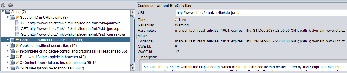 6.3.1 Obsluha programu Pro zobrazení práce s nástrojem byl spuštěn test stránek www.utb.cz. Nástroj ZAP prozkoumal více jak 40000 domén a sub-domén a nalezl celkem 7 upozornění na možné slabiny.