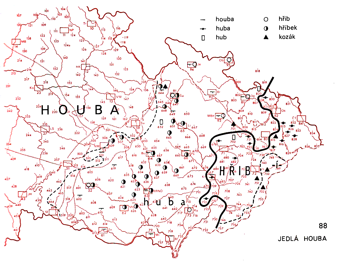 Obrázek 1: Mapa nářečních oblastí zaznamenávající různá označení pro "jedlá houba" Pro porovnání uvádím také mapku nářečních oblastí zaznamenávající houby nejedlé,