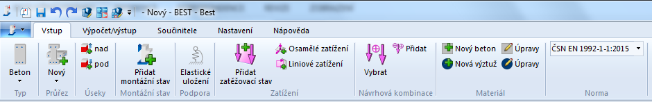 Úvodní příklad BEST beton Zatížení V obou případech se nabídne panel pro výběr návrhových kombinací.