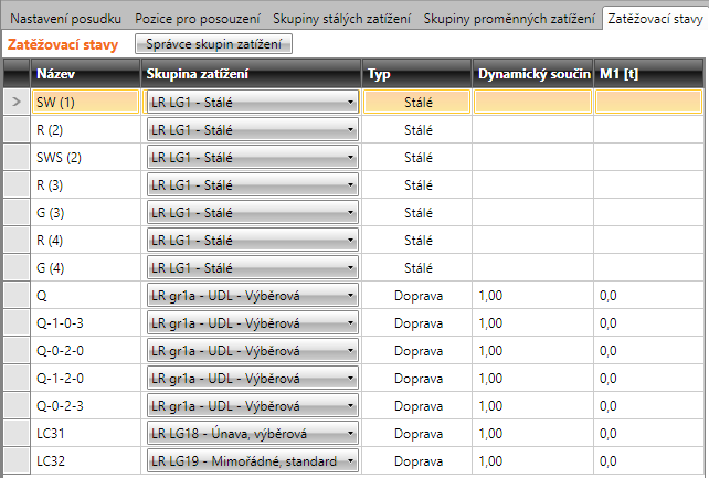 Uživatelská příručka IDEA Designer 124 7.1.3.3 Zatěžovací stavy Zatěžovací stavy pro stanovení zatížitelnosti se upravují na kartě Zatěžovací stavy.