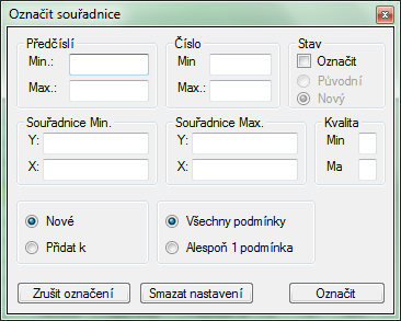 3.6.1.2 Označit Funkce pr hrmadné značení bdů pdle nastavených parametrů. Přepínač suřadnice brazu x suřadnice plhy Suřadnice brazu i suřadnice plhy mají svu vlastní databázvu tabulku pr ulžení.