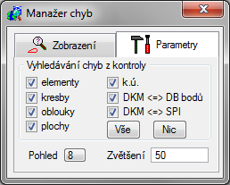 Chyba - ppis chyby a statistika < a > - tlačítka pr zbrazení prvníh a psledníh chybvéh elementu v detailu. V dialgvém kně se přitm bjevuje kód a ppis chyby.