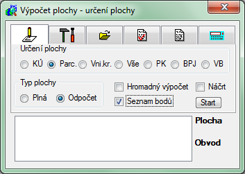 4.3 Infrmace Skupina funkcí pr získání pdrbných infrmací z DB neb z výkresu. Výpčet výměry plchy Vyhledání p.č. Údaje parcele Klad map. listů 4.3.1 Výpčet výměry plchy Funkce umžňuje výpčet výměry plchy pdle zadaných pdmínek.