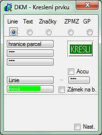 4.4.1.1 Kreslení linie P vyvlání funkce se tevře dialgvé kn DKM - Kreslení prvku, kde musí být zaškrtnut přepínač Linie. Nastavení pr kreslení se skládá z něklika částí, které lze vzájemně kmbinvat.