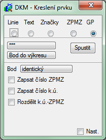 4.4.1.5 Kreslení prvků GP P vyvlání funkce se tevře dialgvé kn DKM - Kreslení prvku, kde musí být zaškrtnut přepínač GP.