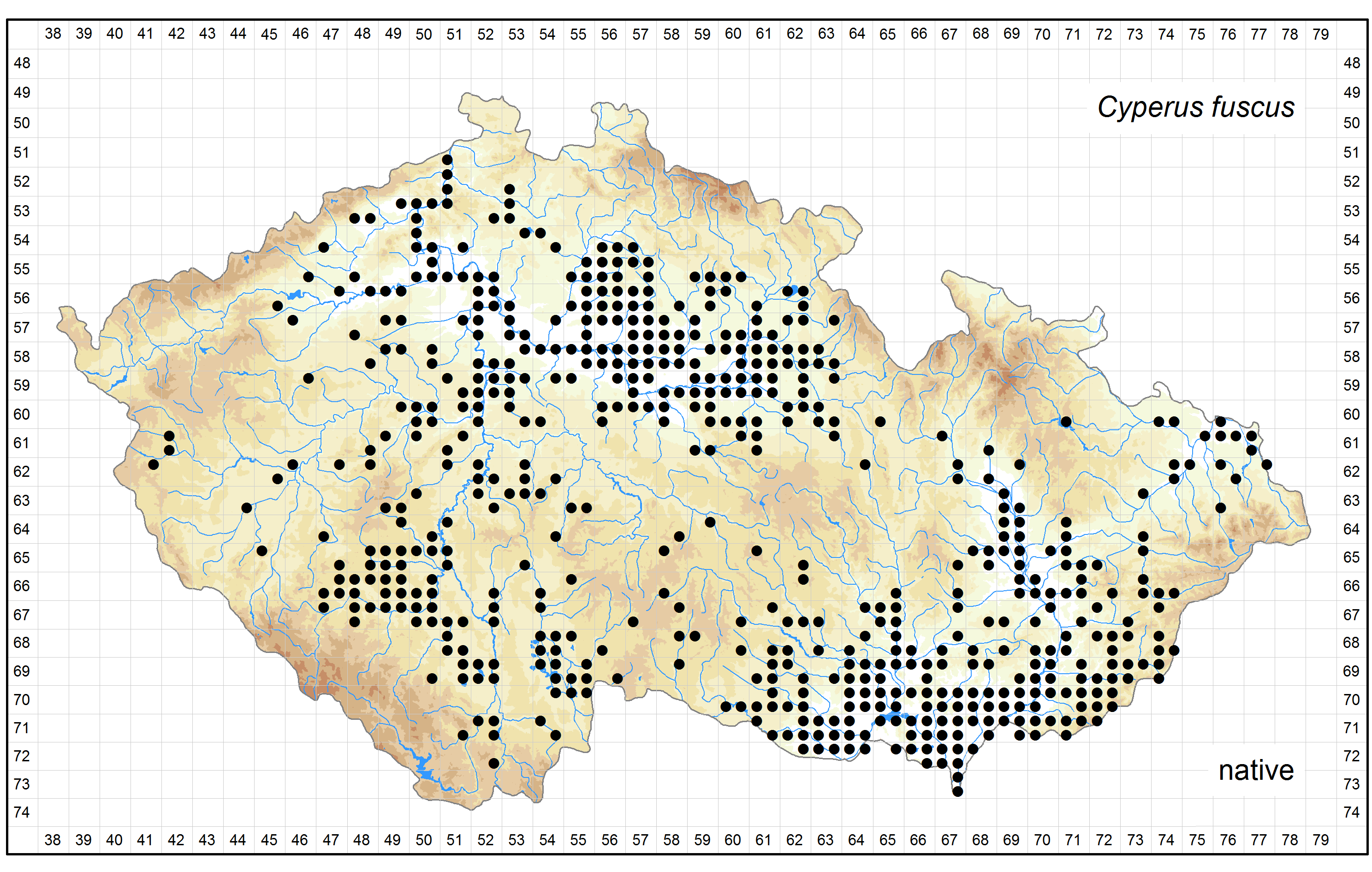 Distribution of Cyperus fuscus in the Czech Republic Author of the map: Pavel Dřevojan, Zdenka Hroudová, Pavel Kúr, Kateřina Šumberová Map produced on: 14-05-2016 Database records used for producing