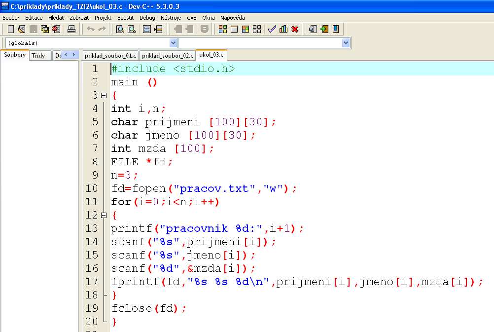 Jakmile cyklus for dosáhne i = 6, uzavře se soubor pracov.txt (odpojí fd, doplní EOF) a program práci ukončí.