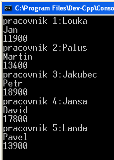 V tomto programu jsme po zadání dat pracovníků tyto údaje prostřednictvím proměnné fd (vidíme, že jde o strukturovanou proměnnou) zapsali do souboru pracov.txt.